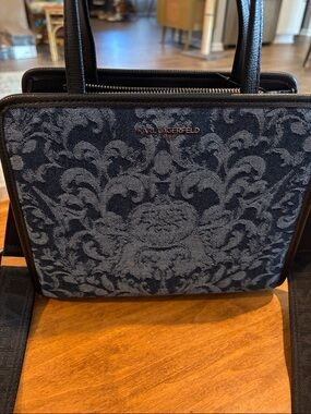 Karl Lagerfeld Navy and Black Jacquard Top-Handle Tote